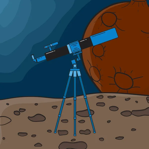 Telescópio Estilo Cartoon Azul Preto Planeta — Vetor de Stock