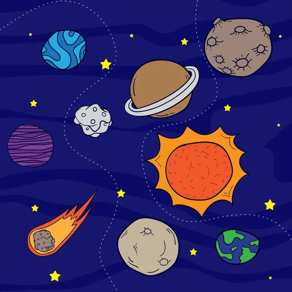 Planet Sun Asteroid Cartoon Design Blue Space — Stock Vector