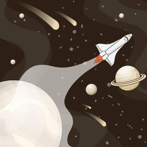 Ônibus Espacial Voador Espaço Com Planetas Asteróides Desenhos Animados — Vetor de Stock