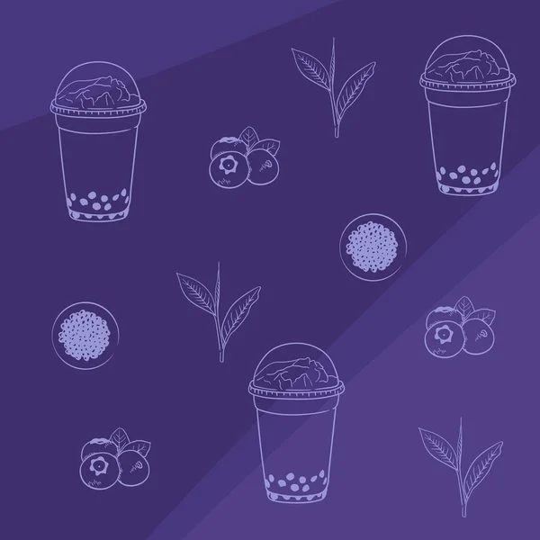 Blueberry Bubble Tea Print Hintergrunddesign Mit Linie Art Design — Stockvektor