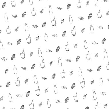 Çay yaprağı, çikolata ve baloncuklu çay arkaplanı.