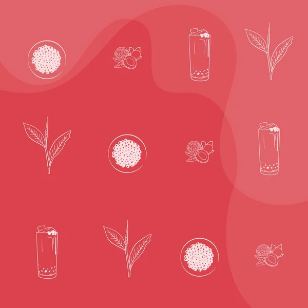 Litschi Teeblatt Tapioka Perle Und Bubble Tea Linienkunst Rosa Hintergrund — Stockvektor