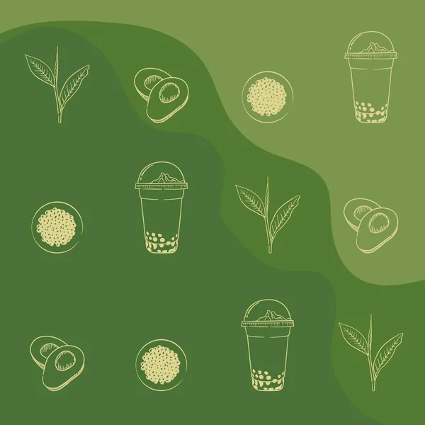 Grüner Hintergrund Mit Avocado Linie Kunst Und Bubble Tea Design — Stockvektor