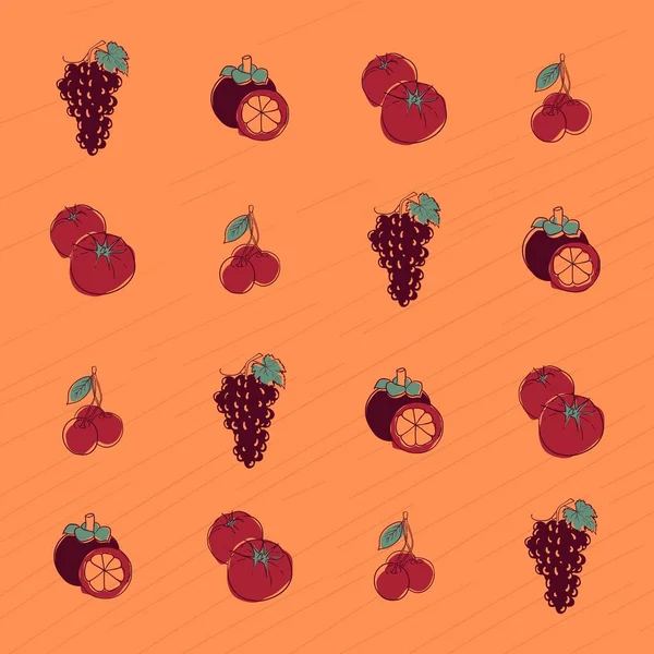 Fond Motif Imprimé Avec Raisin Mangoustan Tomate Berry Design — Image vectorielle