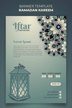 Ramadan kareem banner template with ornamental mandala and lantern design clipart