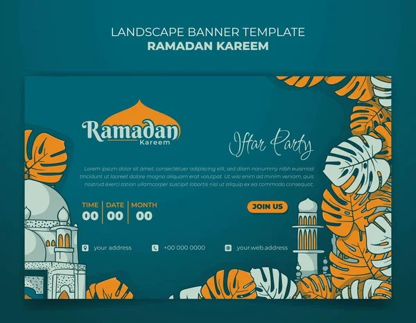 Modelo Banner Ramadan Kareem Com Folhas Monstera Mesquita Mão Desenhado — Vetor de Stock