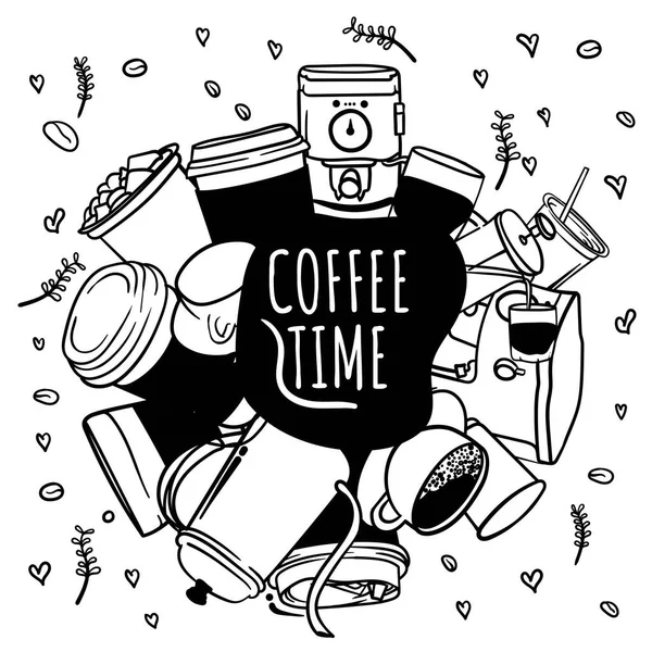 Cute Doodle Cartoon Coffee Cup Design Coffee Time Text Coffee — Stock Vector