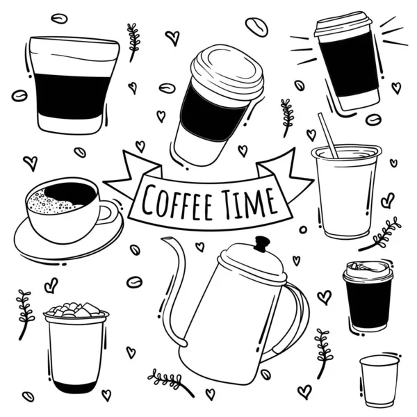 Kaffeetasse Und Teekanne Handgezeichnetem Design Für Café Hintergrund — Stockvektor