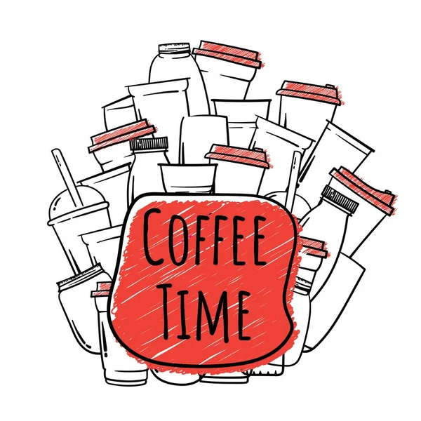 Doodle Sztuki Filiżanki Ręcznie Rysowane Projekt Tekstu Czasu Kawy — Wektor stockowy