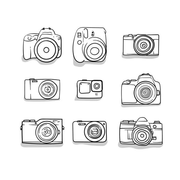 Set Camera Handgetekend Ontwerp Voor Fotosjabloon — Stockvector