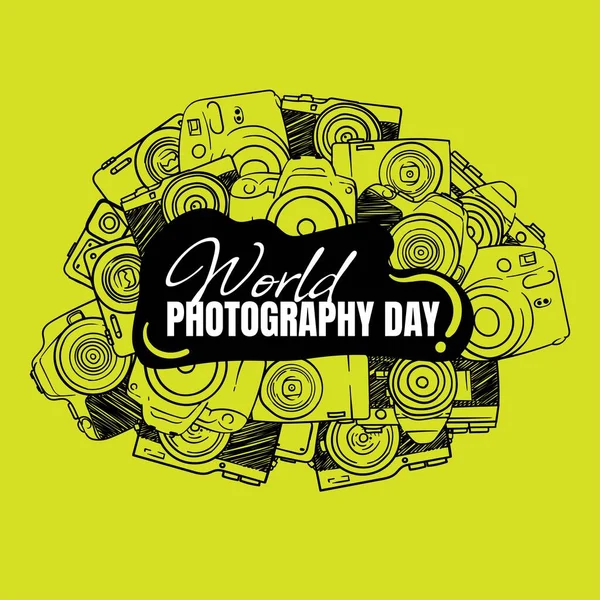 Всесвітній День Фотографії Шаблон Мистецтвом Doodle Дизайну Камер Руці Намальованих — стоковий вектор