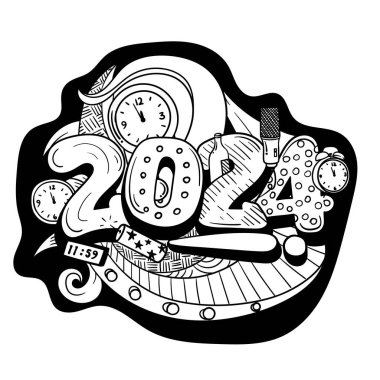 Mutlu yeni yıl 2024 şablonu için karalama sanat tasarımı 2024 tipografi numarası