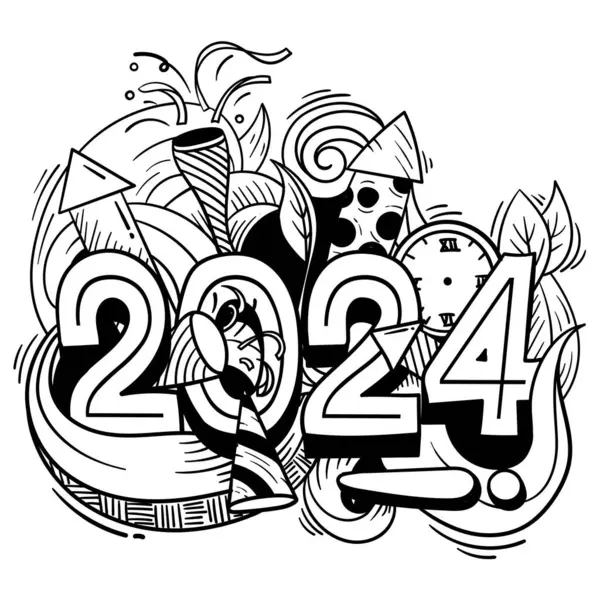 Doodle Arte 2024 Con Diseño Iconos Fiesta Para Plantilla Feliz Vectores de stock libres de derechos