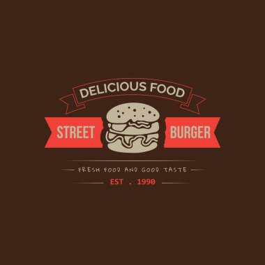 Burger logosu, hamburgerci için kırmızı ve krema renginde klasik tasarım.