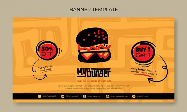 Banner Šablona Karikaturou Burger Černém Designu Žluté Čáry Umění Ručně — Stockový vektor