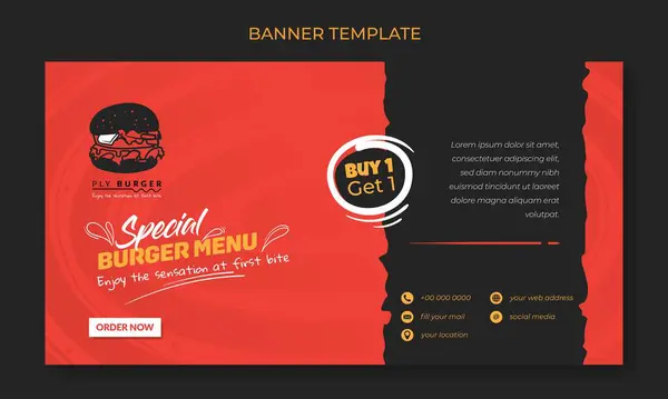 Banner Šablona Design Červeným Černým Pozadím Designem Burger Ikony Pro — Stockový vektor