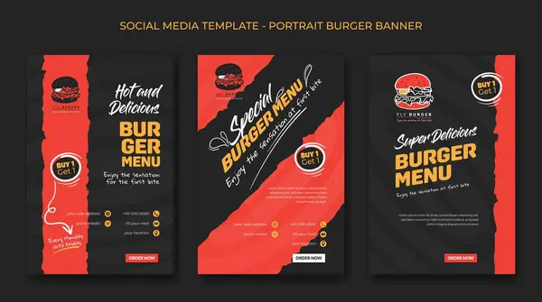 Sada Portrét Sociální Média Post Šablona Designem Burger Ikony Černé — Stockový vektor