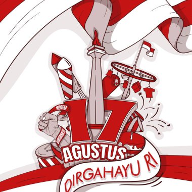 İkonik Endonezya Bağımsızlık Günü 'nün karalama sanatı. Büyük 3 boyutlu 17 numara ve Agustus' un anlamı Ağustos. Dirgahayu RI metni çok yaşa Endonezya Cumhuriyeti demek.