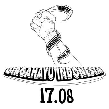 Merdeka ve Dirgahayu Endonezya yazan ve altında da Dirgahayu Endonezya yazan kumaşı tutan eller. Merdeka Independence ve Digahayu 'nun ortalaması çok yaşa demek.