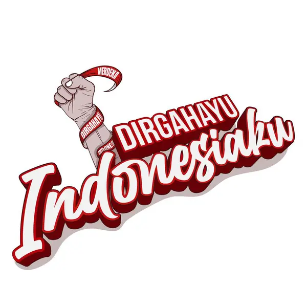 stock vector typography Dirgahayu Indonesiaku that mean is long live my Indonesia in a simple 3d style with a hand holding a cloth that says merdeka that mean is independence