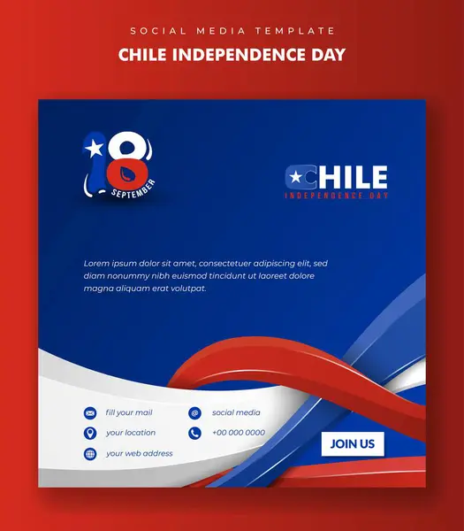 stock vector Square banner post template with wavy 3d blue red white shape on blue background. Good template for chile independence day campaign