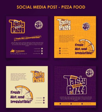 Bir dizi sosyal medya şablonu isteğe bağlı renk arka planında sokak yiyecekleri reklam tasarımı için pizza tipografisi tasarımı ile birlikte. Pizza reklamcılığı kampanyası