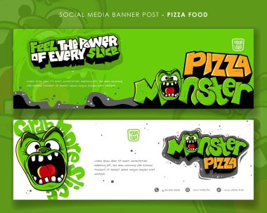 Landscape banner template with monster mascot and typography design in green and white background. Pizza street food advertisement design clipart