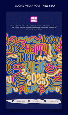 Çizgi sanat arkaplanı ve tipografi tasarımı olan portre afişi şablonu. Yeni yıl şablon tasarımı mavi arkaplanda çizgi tasarımı ile