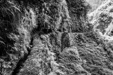 typical Levada of Madeira Portugal, water channel built at the peak of the mountains to irrigate the fields downstream among the green forests waterfalls equipped paths