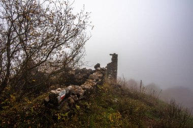 Ormandaki dağlık kulübelerin kalıntıları yeşilden sarıya, turuncuya, bulutlar ve Lessini Parkı Vicenza 'daki Durlo' daki dağlık tepeleri saran anlamlı sis ile değişiyordu.