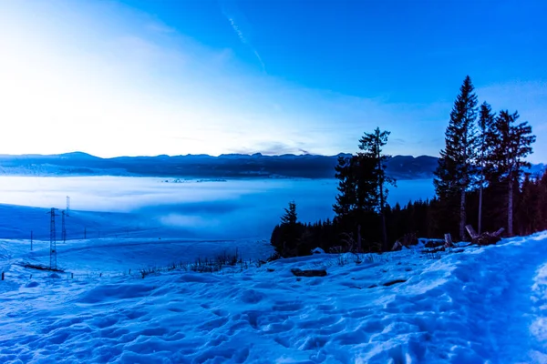 Snowy Sunset Blue Sky Background Peaks Mountains Asiago Plateau Woods — Stock Photo, Image