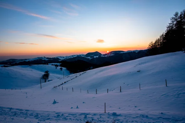 Sonnenuntergang Zwischen Wäldern Und Schneebedeckten Gipfeln Den Lessinia Tälern Campo — Stockfoto