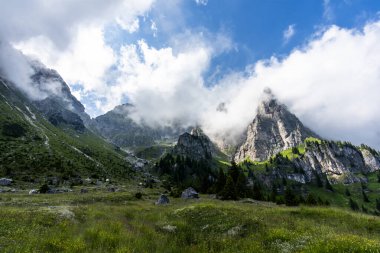 Dolomite 'lar, beyaz bulutlar ormanları ve otlayan otlaklarla kaplı dağ manzarası Feltre Belluno Veneto İtalya yakınlarındaki Gosaldo' da kayalık duvarları ve yaylaları olan Belluno Alpleri manzarası