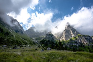 Dolomite 'lar, beyaz bulutlar ormanları ve otlayan otlaklarla kaplı dağ manzarası Feltre Belluno Veneto İtalya yakınlarındaki Gosaldo' da kayalık duvarları ve yaylaları olan Belluno Alpleri manzarası