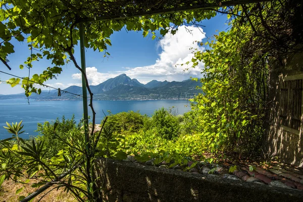 Garda Gölü 'nün, Garda Gölü' nün kıyıları, Garda Gölü 'nün kıyıları, dağlar ve Torri del Benaco yakınlarında Garda Verona Veneto Gölü yakınlarında doğa manzarası.