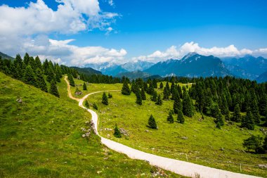 Dolomite 'lar, beyaz bulutlar ormanları ve otlayan otlaklarla kaplı dağ manzarası Feltre Belluno Veneto İtalya yakınlarındaki Gosaldo' da kayalık duvarları ve yaylaları olan Belluno Alpleri manzarası