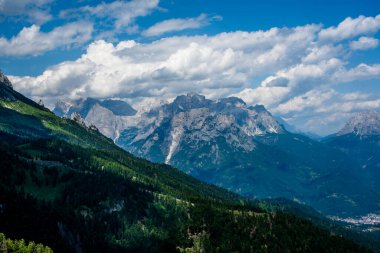 Dolomite dağları ve Alpler yeşil çayırlar ve orman ve alp çayırları arasındaki kaya örümcekleri Belluno Dolomites Vicenza Veneto İtalya 'daki Gossaldo Belluno' da bir dağ kulübesinde.