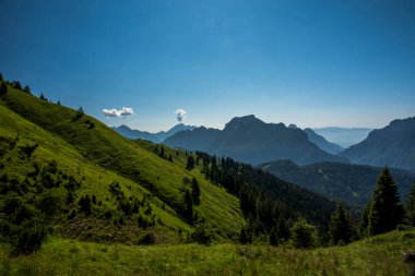 Dolomite dağları ve Alpler yeşil çayırlar ve orman ve alp çayırları arasındaki kaya örümcekleri Belluno Dolomites Vicenza Veneto İtalya 'daki Gossaldo Belluno' da bir dağ kulübesinde.