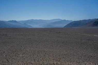 Nazca yakınlarındaki kayalık dağlarda mavi gökyüzü ve kahverengi çöl çöl bitkileri ve Nazca Peru 'da az su
