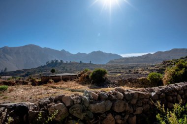 And Dağları 'nın ve Peru' nun dağlık arazisi Colca Kanyonu yakınlarındaki Arequipa bölgesinde yaz güneşi tarafından ağaçlar ve bitki örtüsüyle aydınlatılan vadiler ve uçurumlarla aydınlanır.