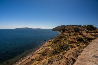 Taquile adasından Titicaca Gölü manzarası ve Peru 'daki Puno yakınlarındaki Uros popülasyonunun yetiştirdiği çayır ve sebze bahçeleri.