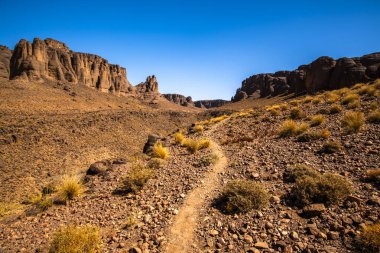 Fas 'ın Fas Atlas Berberi kervanı güzergahındaki Jebel Saghro' nun kurak tepeleri arasındaki beyaz yol Ourzazate 'nin antik yolları Berber çobanlarının Fas' ın Marakeş yakınlarındaki yolları.