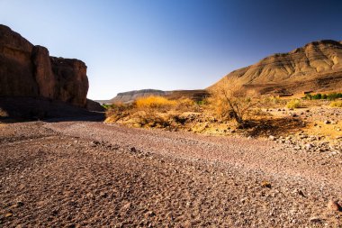 Fas 'ın Ouarzazate kenti yakınlarındaki Fas Atlas Dağları' nın güneyindeki çöl tepeleri arasında harika bir kır yolu.