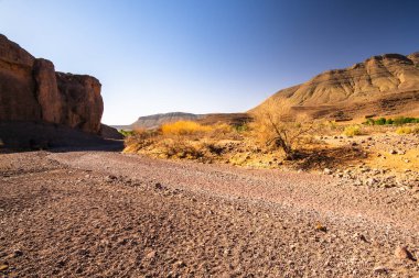 Fas 'ın güneyindeki Ouarzazate yakınlarındaki Fas Atlası' nda Handour nehrinin vadilerindeki panorama