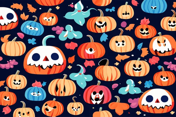 Sem Costura Halloween Padrão Com Bonito Cartoon Abóboras — Vetor de Stock