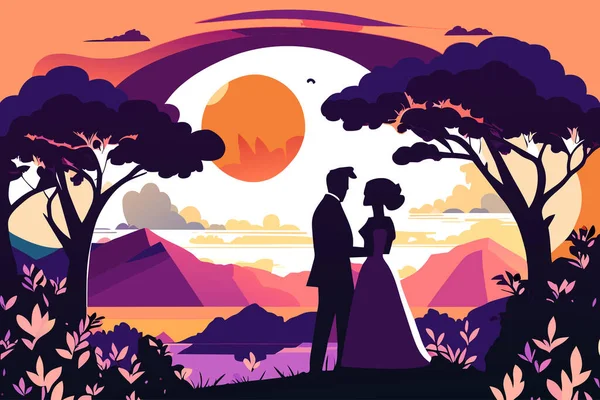 日没に恋するカップルとのロマンチックな風景 — ストックベクタ