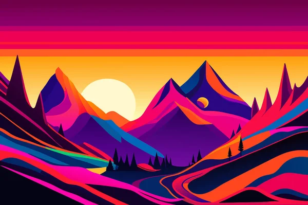 マウンテンランドスケープ 夕方から山々 あなたの設計のための多彩なベクターのイラスト — ストックベクタ