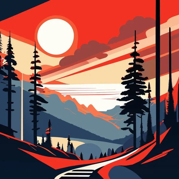 日没の松の木と山の風景 — ストックベクタ