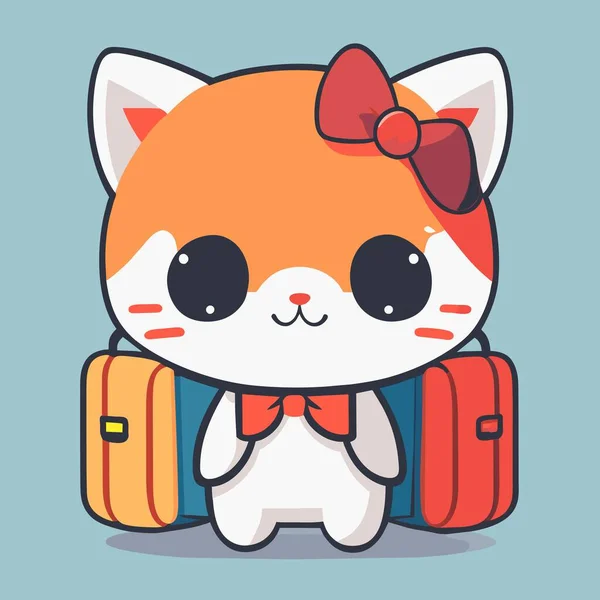 Roztomilá Kočka Sedí Tašce Drží Školní Tašku Kreslený Charakter Kawaii — Stockový vektor