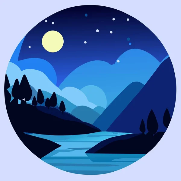 森の中の木々と月の夜 — ストックベクタ
